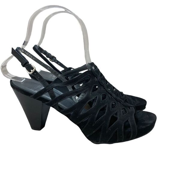 Stuart Weitzman Rollover Black Nubuck Sandals Suede Leather Strappy Heels 7 - Picture 1 of 10